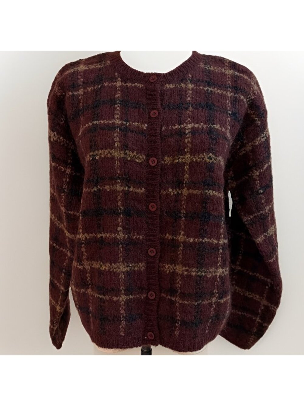 Vintage Paul Harris Women's Mohair Blend Cardigan Size M Burgundy Plaid Luxury